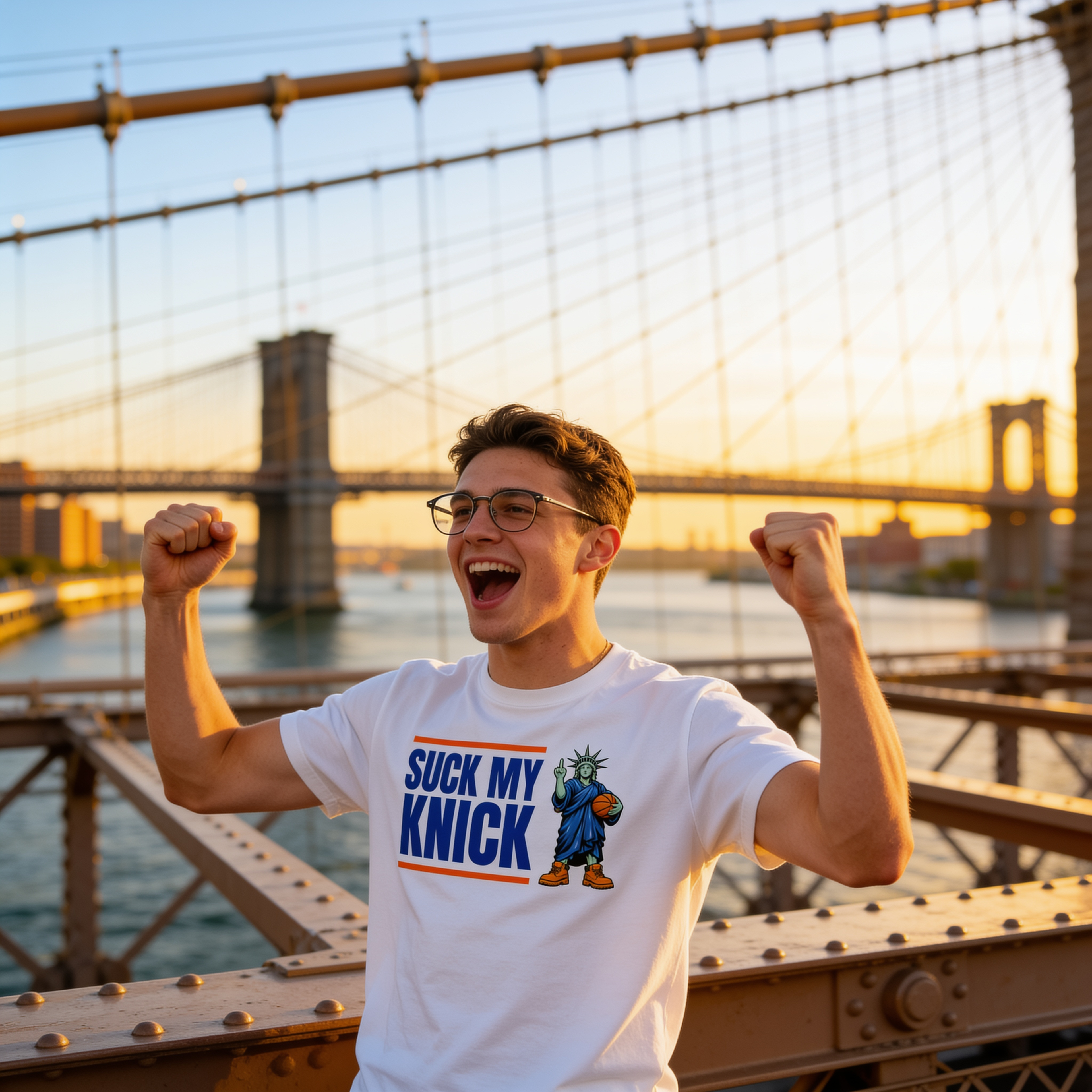 SUCK MY KNICK Lady Liberty tee lifestyle shot on the Brooklyn Bridge at golden hour