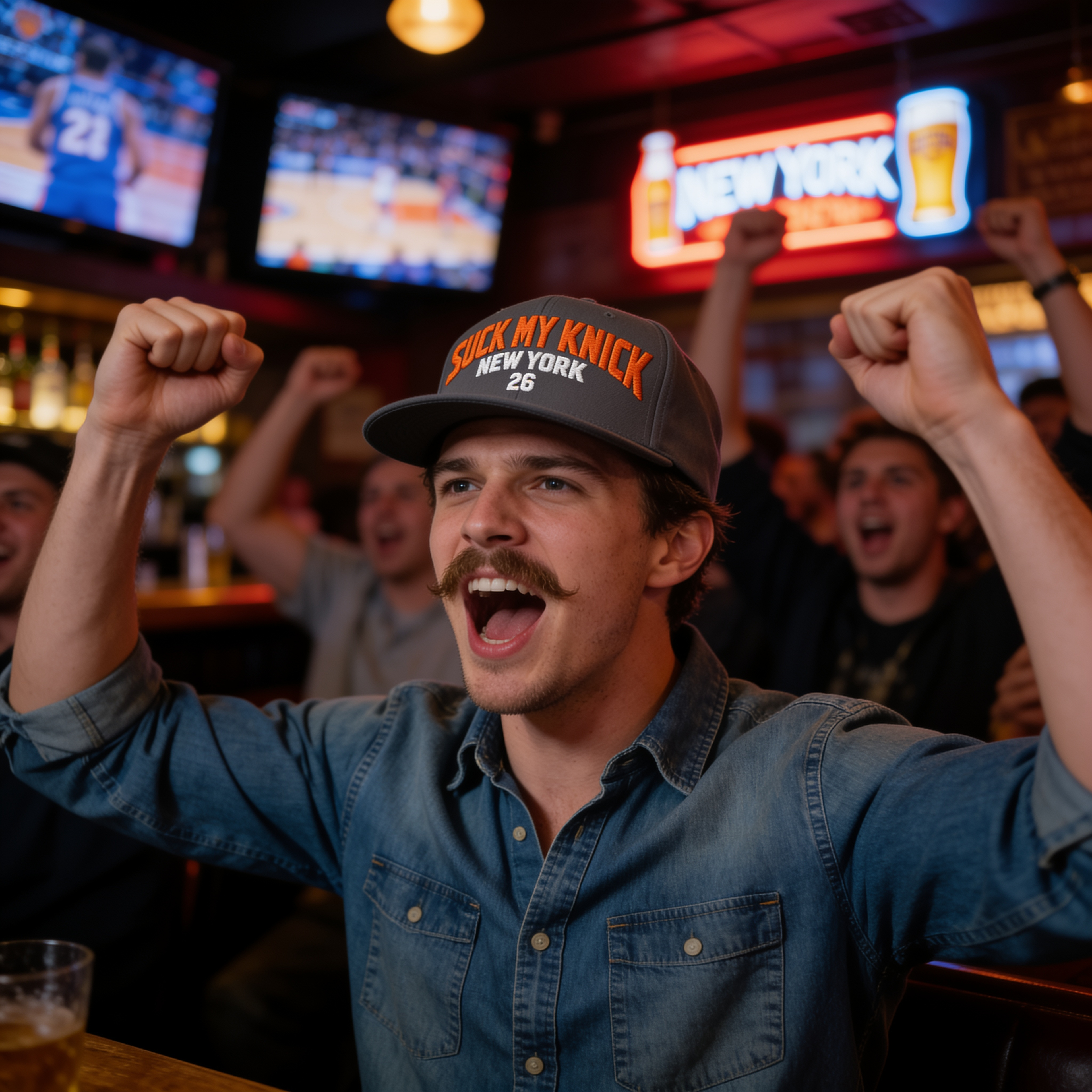 SUCK MY KNICK NEW YORK 26 dark grey snapback lifestyle shot in a sports bar