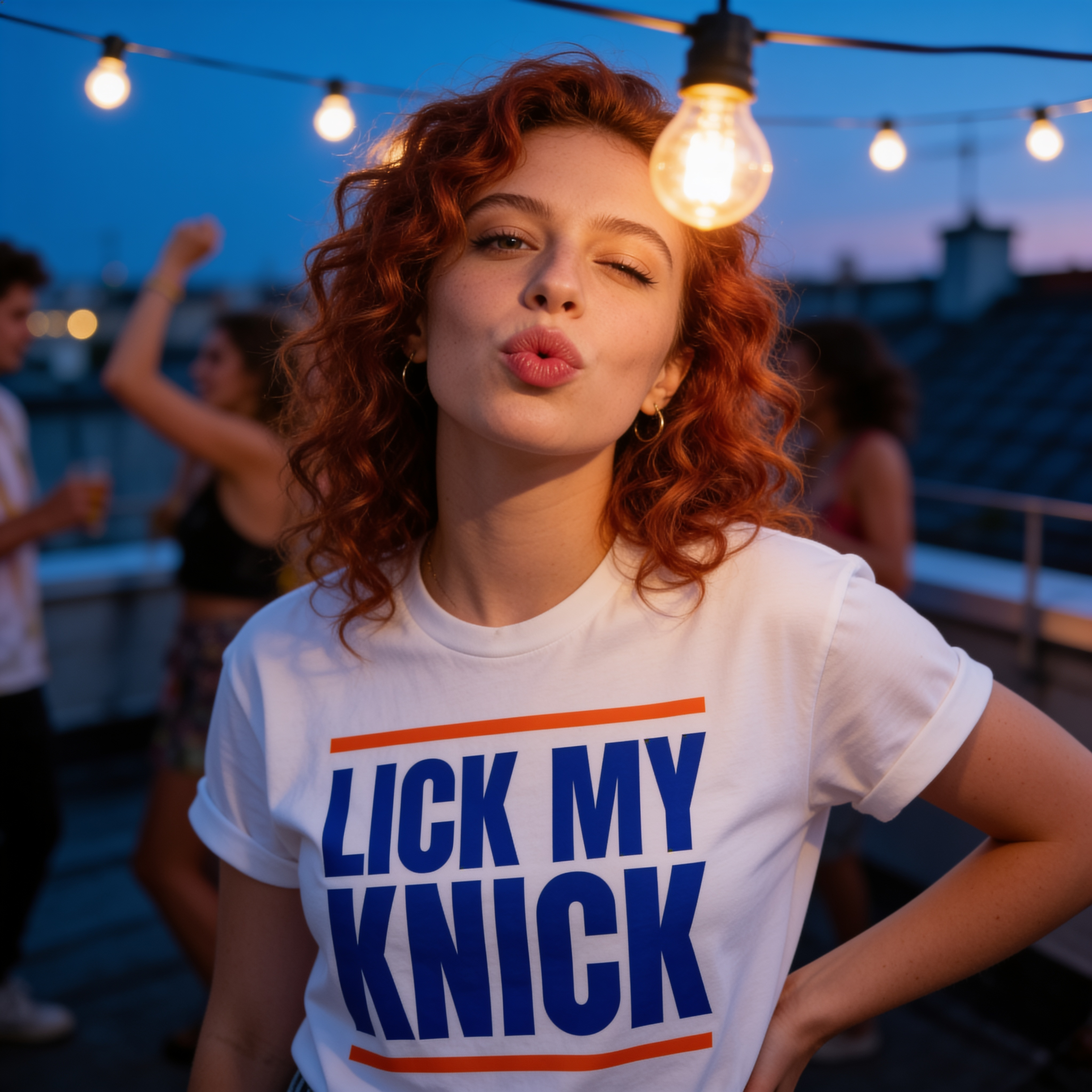 LICK MY KNICK white tee lifestyle shot at a rooftop party